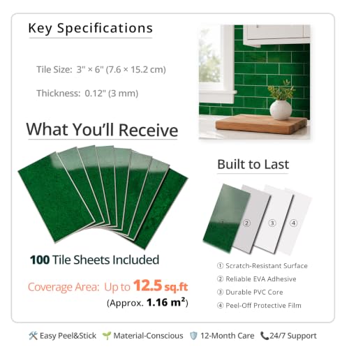 StyloVue 100 Pieces Peel and Stick Backsplash for Kitchen, 3" x 6" PVC Subway Tile, 2026 Upgraded Emerald Green Stone, Stick on Wall Tile for Kitchen, Bathroom, Fireplace, RV - color: Emerald Green Stone