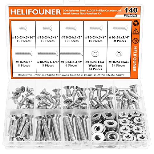 HELIFOUNER 140 Pieces #10-24 Phillips Countersunk Head Machine Screws Nuts Washers Assortment Kit, Coarse Thread, Fully Machine Threaded, 304 Stainless Steel - size: #10-24