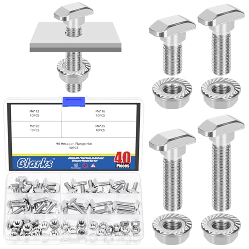 Glarks 80pcs M6 T Slot Drop-in Bolt with Hexagon Flange Nut Set, 12/16/20/25MM Hammer Head T-Bolt, T Shape Stud Sliding Screw, T Screw Stud for European Standard 30 Series Aluminum Profile - size: M6