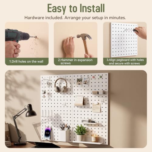 Magnetic Metal Pegboard Wall Organizer Kit, 4 Pack 10 x 10 in Panels White - color: White, size: 10"×10" - 4 Pcs