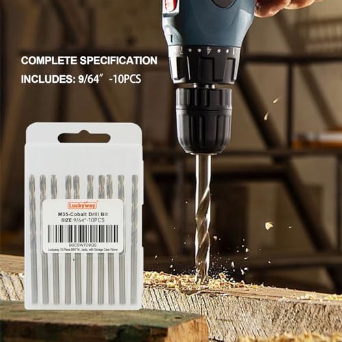 Luckyway 9/64" Cobalt Drill Bit (10 Pcs), Jobber Length Twist Drill Bit Set for Hard Metal, Stainless Steel, Cast Iron, Wood and Plastic, with Storage Case - style: 9/64" (10Pcs) Cobalt Drill Bits