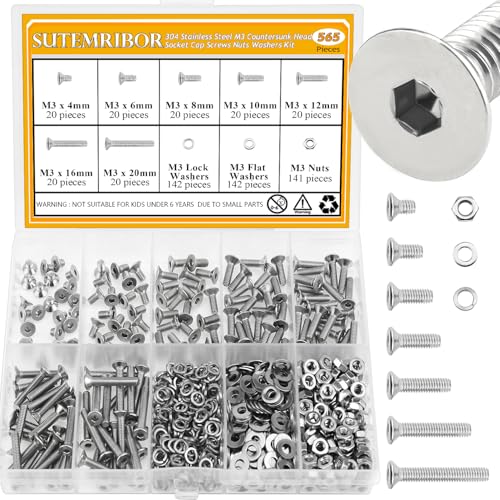 565 Pieces M3 Screws Nuts Washers Set, Sutemribor M3 x 4/6/8/10/12/16/20mm Countersunk Head Socket Cap Screws Nuts Washers Assortment Kit, 304 Stainless Steel, Fully Threaded - size: M3, style: Countersunk Head Socket Cap