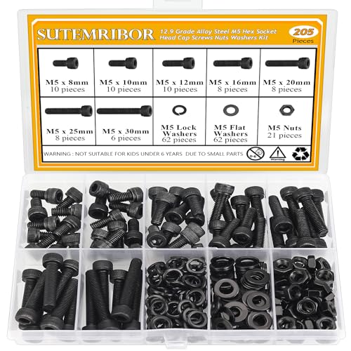 205 Pieces M5 Screws Nuts Washers Set Black, Sutemribor M5 x 8/10/12/16/20/25/30mm Hex Socket Head Cap Screws Nuts Washers Assortment Kit, 12.9 Grade Alloy Steel, Fully Threaded - size: M5 x 8-30mm, style: Socket Head