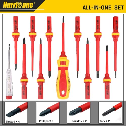 HURRICANE 1000V Insulated Electrician Screwdriver Set, 13 Piece Professional Electrical Screwdriver Set, CR-V Steel Magnetic Phillips Slotted Pozidriv Torx, Insulation VDE & GS Certified Screwdriver - size: 13-Piece Classic Insulated Screwdriver Set