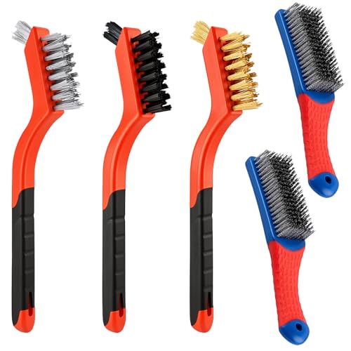 5PCS Wire Brush Set – 2 Heavy-Duty Steel Brushes with Rubber Handle & 3 Brass/Nylon/Stainless Steel Bristle Brushes for Rust, Paint & Grill Cleaning