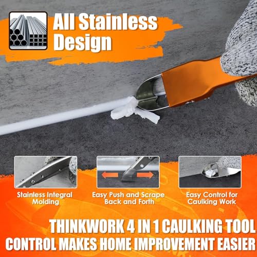 4 in 1 Silicone Caulking Tool Kit, Stainless Steel Caulk Remover Tool | Durable Construction, Quick & Easy to Use, 5 Replaceable Silicone Pads, Protective Gloves, Remove, Apply & Finish Caulk - color: Orange