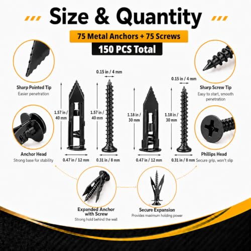 Jyphorixal 150Pcs Self Drilling Drywall Anchors with Screws Kit,Zinc Plated Steel,2 Sizes Expansion Screws and 2 Sizes Wall Anchors, Easy Application No Drill or Holes in Wall.(Electrophoretic Black) - size: Black 150Pcs 2Size kit
