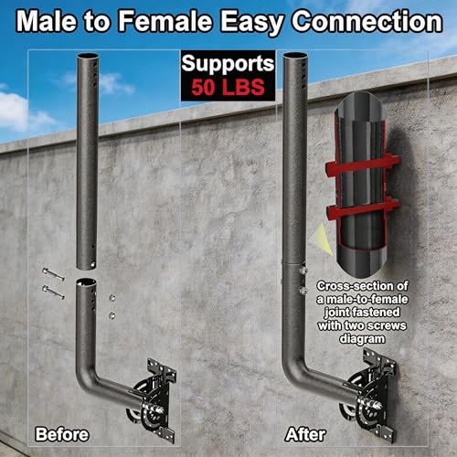 28" Heavy Duty Adjustable Antenna Wall Mount – Iron Spray Paint J-Pole Solid Mast Bracket for Starlink (Adapter Required), TV Antennas, Weather Stations – 1.38" OD Pivot Base (Black) - color: 28‘’ Long Wall Mount Black