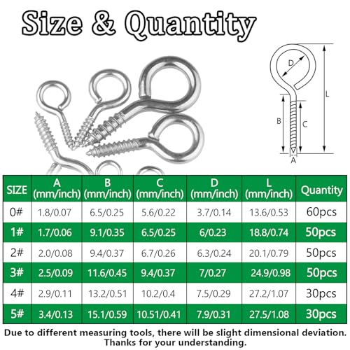 274PCS Silver Eye Screws Kit, 0# -5# Eyelet Screw for Wood - color: Silver, size: 0#-5#