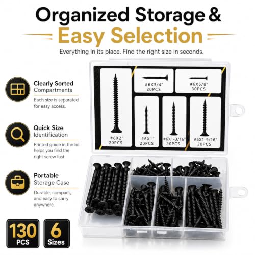 Drywall Screw Assortment Kit, 130PCS 6 Sizes, Self-Tapping Bugle Head, Black Oxide Coated