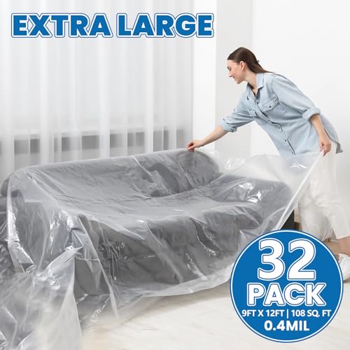 32 Pack Plastic Drop Cloth, 9 x 12 Feet Plastic Sheeting - color: 32p