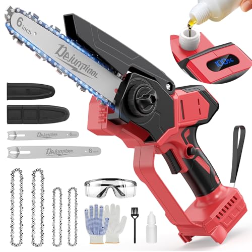 Mini Chainsaw Cordless Compatible with Milwaukee M18 18V Battery (NO Battery), 6 Inch & 8 Inch Small Electric Chainsaw Brushless, 2x 6'' Chains + 2x 8'' Chains, Auto Oiler, Handheld Pruning Chain Saw - color: Red-black