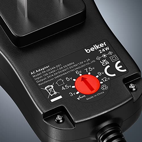 Belker 24W Universal 3V 4.5V 5V 6V 7.5V 9V 12V AC DC Adapter with 8 Tips