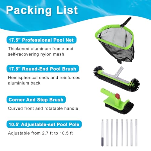 Sepetrel Pool Cleaning Kit with 10.5 FT Pole,Pool Maintenance Set - size: Aluminum Frame Rake With Pole