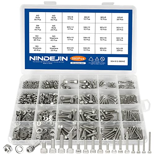 NINDEJIN Black & Silver Hex Socket Head Screws Bolts Nuts and Flat Washer Assortment Kit(Hex Socket Flat/Button/Cap Head) (580Pcs Hex Button Head Socket Screws Nuts) - size: 580 Hex Cap Head Socket Screws Nuts