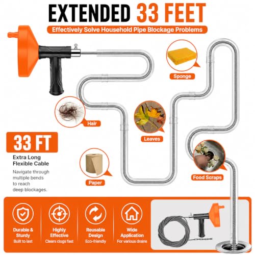 33 FT Drain Snake Auger, Plumbing Snake Drain Hair Clog Removal Tool, Sink Unclogger Drain, Heavy Duty Drum Auger, Cleaner Tool for Bathroom Kitchen Tub Shower Drain Clog Remover with Gloves