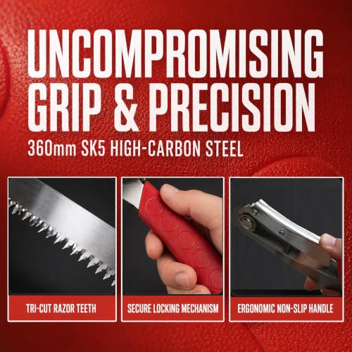 Premium Folding Saw 360mm with SK5 Steel Blade - 14 Inch Camping Hand Saw for Wood Cutting, Pruning, Backpacking and Hiking - Heavy Duty Impulse Hardened Teeth