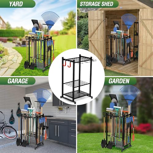Sttoraboks Garden Tool Organizer Rack Up to 50 Tools, Heavy-Duty Steel Yard Tool Organizer for Garage Storage with 11 Hooks, Broom Holder & Garden Tool Rack for Shed, Patio, Outdoor Use, Black - style: Rack with hooks