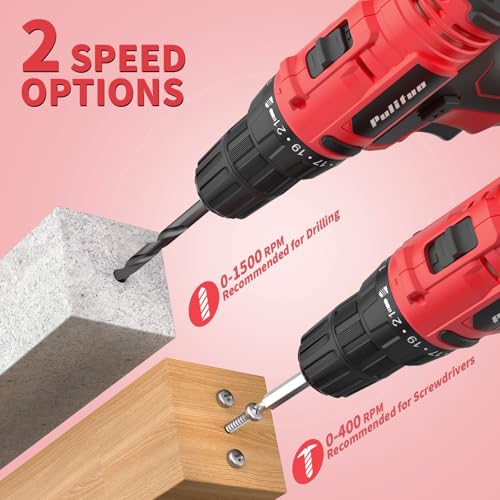 PULITUO 20V Cordless Drill/Driver, 2 Batteries Electric Screwdriver, 30Nm Power Drill Driver, 21+1 Torque, 2 Speed, 3/8"Keyless Chuck, power Drill with LED Light, Drill Driver Kit for Home (Red) - style: 20V Drill (Red)- double