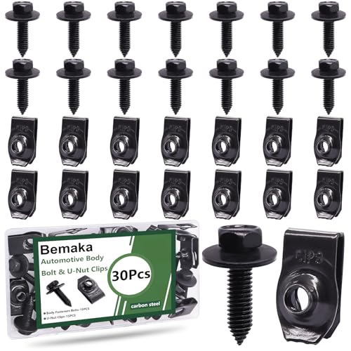 30Pcs Automotive Body Bolt & U-Nut Clips Kit, Multipurpose Fender Bolts Body Fastener Clips for Most Cars Bumper Engine Splash Shield - color: Black-1/4Inch