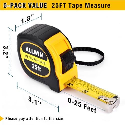 5 Pack Tape Measure 25 ft, Easy Read Measuring Tape with Fractions 1/8, Retractable 25-Foot by 1-Inch Blade with Durable Coating & Impact-Resistant Case for Contractors & DIY - size: 25 Ft