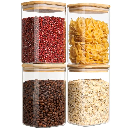ComSaf Square Glass Containers with Lids 1.2 Qt, Set of 4 Pantry Glass Jars | Kitchen Glass Pantry Storage Containers, Storage Canisters, Silicone Seal, Dry Food, Cookie, Flour, Spice, Coffee, BPA Free - size: 1.2Qt*4