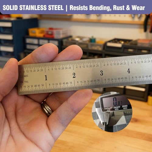 12 Inch Machinist Ruler Set - 2 Pack Stainless Steel Precision Double Sided Ruler with 1/64, 1/32, 1/16 & 1/8 Inch Graduations, Etched Markings - for Engineers,Woodworking and DIY (2, 12 Inch) - size: 12 Inch