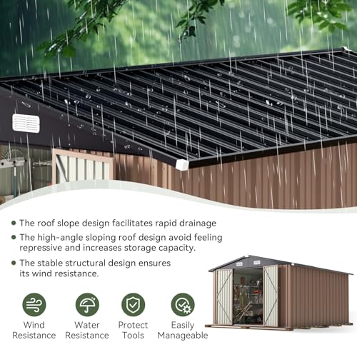 Aoxun 10 x 12FT Outdoor Storage Shed with Double Hinged Large Door, Brown