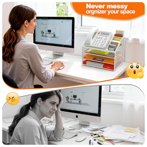 DocNest 4 Tier Metal Mesh Desk File Organizer with Phone Shelf, White - color: White, size: 12.6" x 9.1" x 10.3"