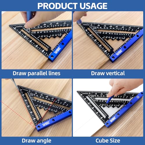 7inch Rafter Square with Carpenter Pencil, 1/8" Precision Heavy Duty Aluminum Woodworking Rule,Laser Etched Scale, Triangle-Ruler Measuring Layout Tool -Blue (Blue & Black) - size: square