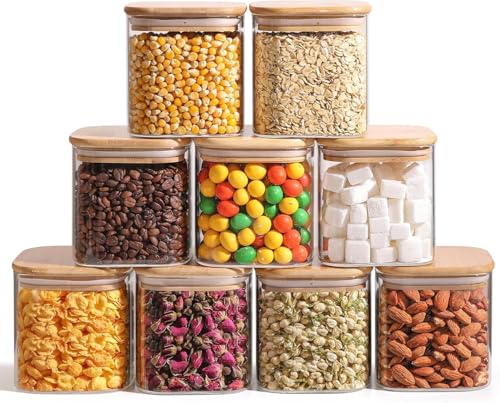 ComSaf Square Glass Containers with Lids 0.7 Qt, Set of 9 Small Glass Jars | Small Kitchen Canisters, Spice Jar, Pantry Organizers, Family Snack Station, Size For Subpackage, BPA Free, Cookie, Dry Food - size: 0.7Qt*9