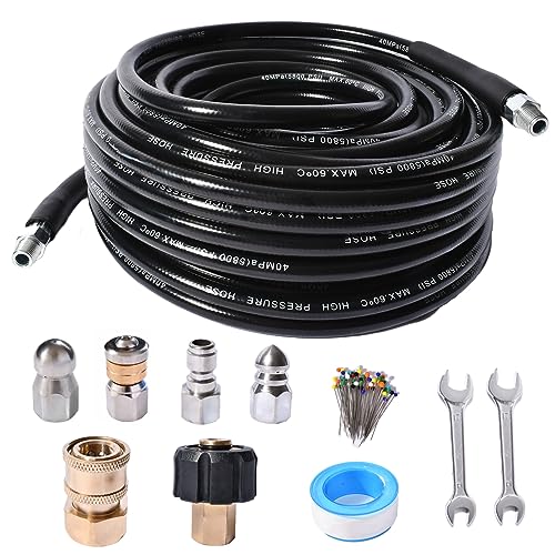 Sewer Jetter Kit for Pressure Washer 4000 PSI Drain Cleaner Hose 1/4 Female NPT,Button Nose,Pressure Washer Adapter,Button Hose Sewer Jetting Nozzle Pearl Corsage Pin Waterproof Tape with 2 Spanner - size: 50FT