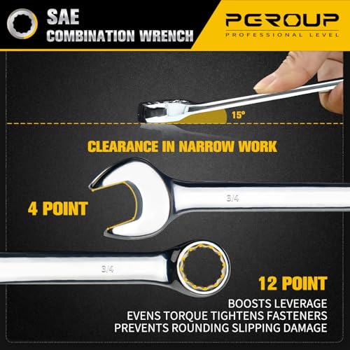3/4" SAE Combination Wrench, CR-V Steel with Mirror Polish, 12-Point Design, 15-Degree Offset, Perfect for Auto Repair, Household, Car & Truck Emergency - size: 3/4"