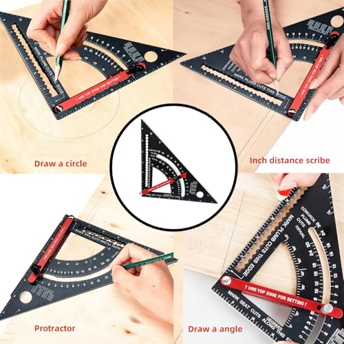Carpenter Square 7 inch,Adjustable Rafter Framing Square Tools,T Square Multi-Purpose Aluminum Alloy Triangle Carpenter Square for Woodworking and Carpentry | Drill Gauge, Protractor, Ruler ﻿ - color: Black