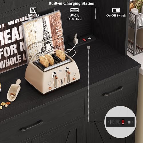 HOSTACK 71" H Kitchen Pantry Cabinet, 55" Kitchen Hutch, Black Wood Grain | Large Pantry Cabinet with Charging Station / Countertop / 3 Drawers, Farmhouse Hutch Cabinet with Storage for Dining Room - color: Black Wood Grain