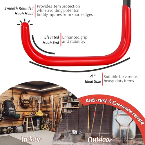 4 Inch Garage Hooks, 6 Pack Heavy Duty Wall Hooks for Hanging - color: Red