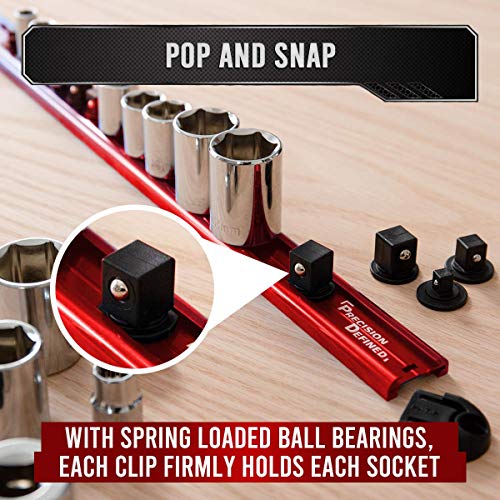 Precision Defined Aluminum Tool Socket Holder 3-Piece Set | Red, 1/4-Inch x 16 Clips, 3/8-Inch x 16 Clips, 1/2-Inch x 14 Clips | 360 Rotation - Heavy Duty Socket Rails Organizer, Socket Storage - color: Red