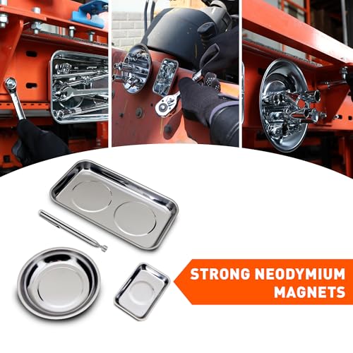 HORUDSY 4PC Magnetic Tray Set with Magnet Stick – Extra Strong Magnets, Stainless Steel Trays, and Telescoping Pickup Tool for Organizing and Retrieving Metal Parts - style: 4-Piece Magnetic Tray & Stick - Pro