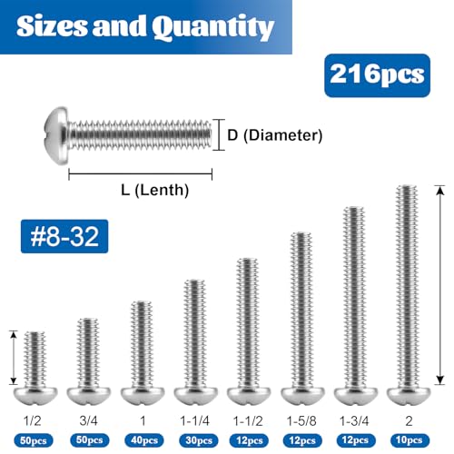 216PCS 8-32 Machine Screw Phillip Pan Head 304 Stainless Steel 1/2"-2" - size: SS #8-32 216PCS