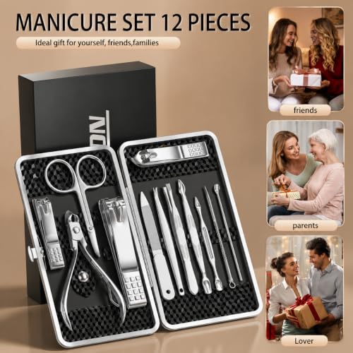 Manicure Set, Stainless Steel Nail Clipper Set with Luxurious Travel Case - color: Silver and Black