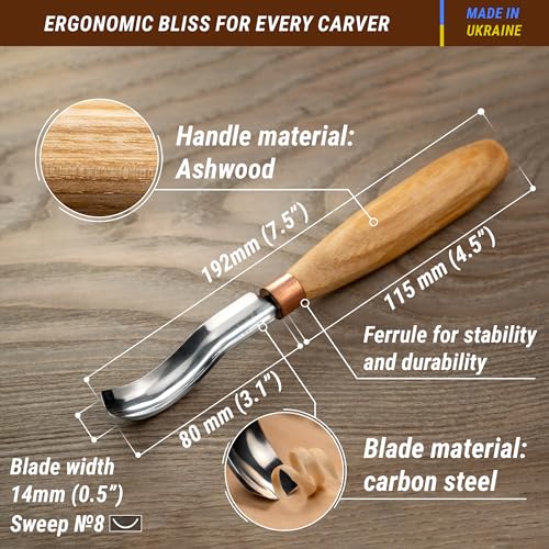 BeaverCraft, Wood Carving Bent Gouge K8a/14 0.55" - Spoon Carving Tools - Woodworking Hand Chisel Compact Wood Carving Knife for Beginners and Profi - Hobbies for Adults and Kids - Carbon Steel Blade
