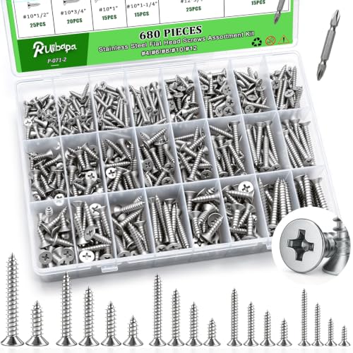680PCS Wood Screws Assortment Kit,304 Stainless Steel Flat Head Screws, #4#6#8#10#12 Sheet Metal Screws Length 1/4" to 1-1/2",Self Tapping Screws Set - size: 680PCS-SV