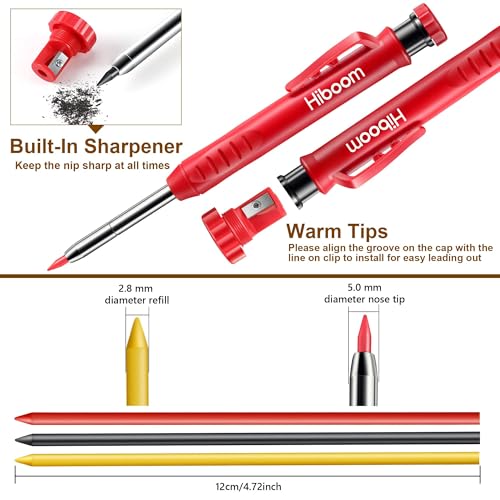 Hiboom 2 Pack Carpenter Pencils with Pencil Cap and 18 Refills, Red - color: Red