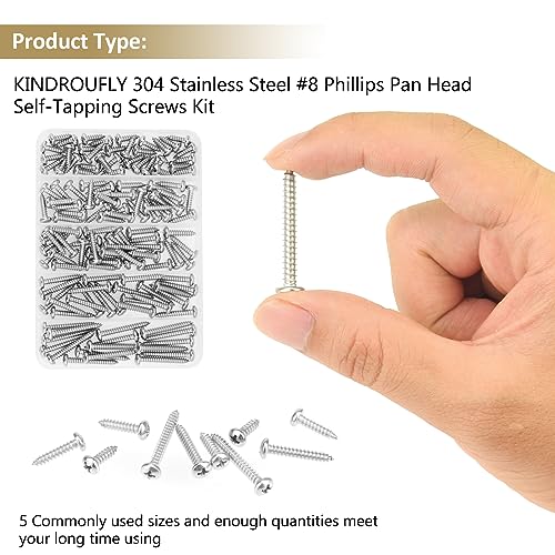 127 Pieces #8 x 1/2" 5/8" 3/4" 1" 1-1/4" Phillips Pan Head Self-Tapping Screws, Wood Screws Assortment Kit, 304 Stainless Steel - size: #8