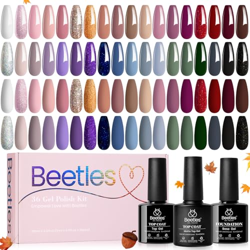 Beetles Gel Nail Polish Set 36 Colors Neutral Elegance Gel Polish Kit | Burgundy Red Blue Green Brown Gold Glitter Pink Gel with Base & Top Coat UV LED Needed Manicure Gifts for Women - color: 0- Neutral Elegance