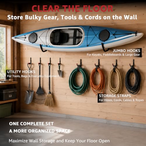12-Piece Heavy Duty Garage Storage Hooks - 2x15” Jumbo Wall Hooks with Extended EVA Foam Padding (120 LB Capacity) + 4x3.5” Utility Hooks & 6 Storage Straps for Kayak, Paddleboard, Bike & Ladder
