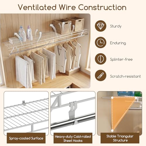 COSTWAY Closet Shelves Wall Mounted, Ventilated Shelf with Hanging Rod | Metal Wire Shelving Kit, Wire Wall Shelf for Laundry Room, Bedroom, Home, Mounting Accessories Included (6 ft x 12 in) - size: 6 ft x 12 in