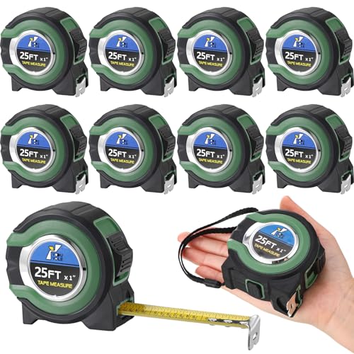 Youyole 10 Pack Tape Measure with Fractions 1/8 Steel Measuring Tape Retractable Easy Read Measurement Ruler Steel Power Blade (25 ft X 1 in,Green) - color: Green