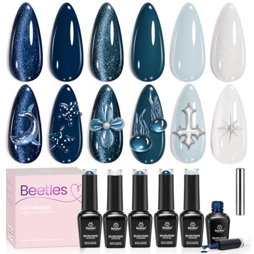 Beetles Blue Gel Nail Polish Set, 6 Colors Navy Teal Glitter Gel Polish - color: A - Mixed Finishes | Skyfall Fade