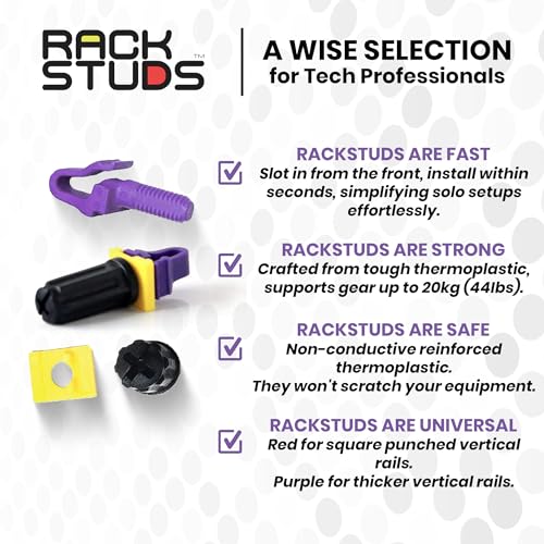 Rackstuds P100 Series II - Server Rack Screws 100-Pack | Cage Nut Replacement Purple 3.2mm/0.126" | A Faster, Easier Solution for Rack mounting Gear in 19" Racks with Square Punched Vertical Rails - color: Purple, size: 100 Pack